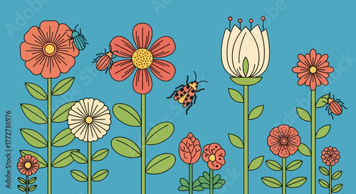 Charming floral garden scene with retro design and quirky beetles creating vintage appeal and joy
