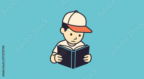 A drawn boy with a cap absorbed in reading a book against an isolated backdrop