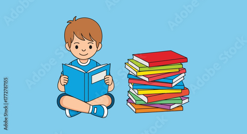 Captivating cartoon illustration of a boy absorbed in a book with stack of colorful books near