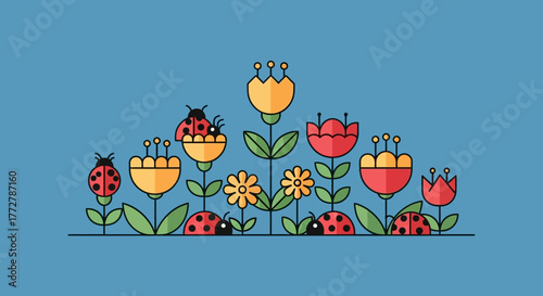Stylized flower garden illustration with ladybugs on a serene blue background