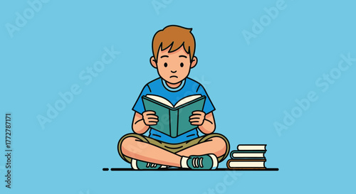 Young student absorbed in an educational book while sitting cross-legged pose on floor