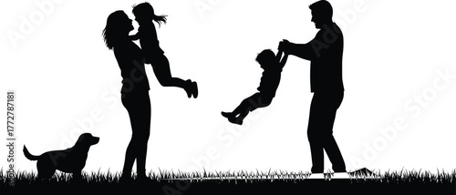 Family silhouette illustration, parents playing with children outdoors, joyful bonding, happy childhood moments, dog in park, summer grass scene, togetherness,