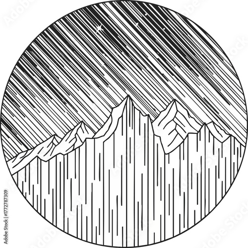 Minimalist black and white line art illustration of a serene mountain landscape with pine trees and tall grass enclosed in a circle