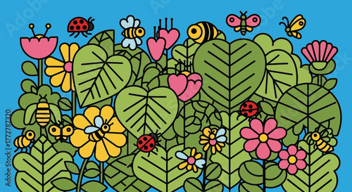 Whimsical garden landscape illustration with colorful flowers, insects and bright foliage on a