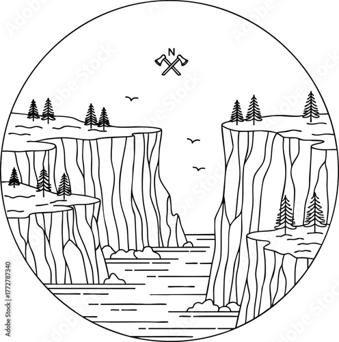 Minimalist black and white line art vector graphic depicting a deep canyon river gorge with steep cliffs and pine trees