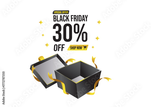 Elegant black gift box with golden ribbons showcasing 30% discount for Black Friday promotion. Shopping concept