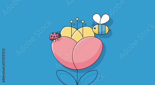 Stylized illustration of a pink flower with bee and ladybug against a blue backdrop