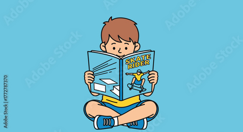 Cartoon illustration of a boy sitting cross-legged reading a skateboarding magazine with passion