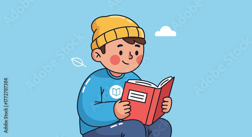 Enthusiastic young boy in a beanie captivated by a red book on a serene light blue backdrop