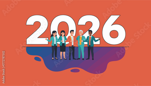 Diverse business professionals greet 2026 representing future goals and growth strategy