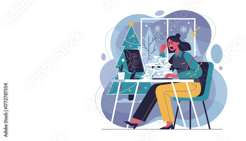 Holiday work stress Angry businesswoman overwhelmed by massive paperwork and demanding deadlines