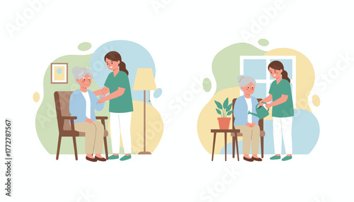 Compassionate caregiver assisting senior woman with home health and daily activities