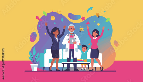 Doctor and excited family celebrate success and growth with financial and idea symbols