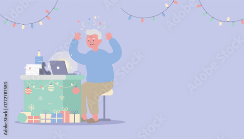 Elderly man stressed by work tasks during Christmas holiday burnout illustration