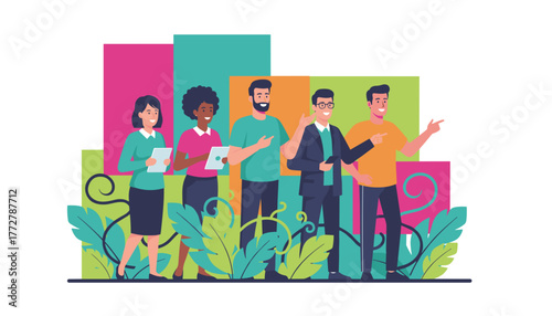 Diverse business team collaborating and presenting ideas in a colorful modern flat design illustration