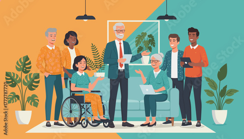 Inclusive team meeting diverse multigenerational colleagues collaborating