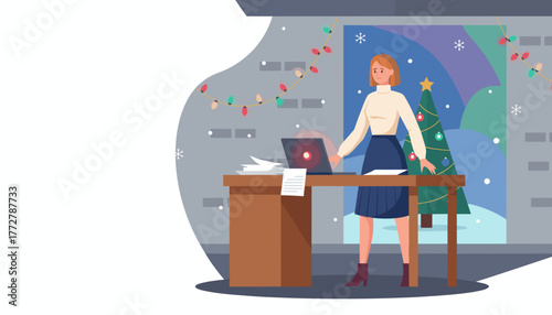 Sad professional working at her desk during Christmas holidays Worklife balance stress