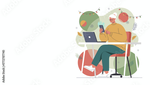 Senior woman uses smartphonelaptop for work or connecting during holidays Modern aging illustration