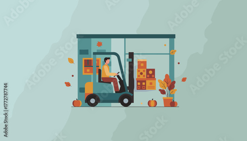 Warehouse logistics worker operates a forklift managing boxes and seasonal fall inventory