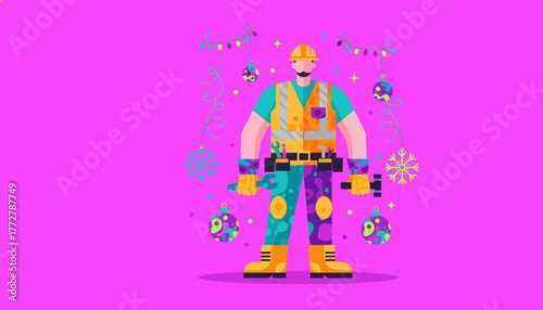 Repairman celebrating the holidays with tools and festive ornaments Construction Christmas service concept