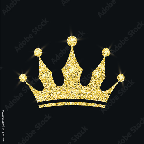 Gold Glitter Crown Royal Tiara Logo, Vector Illustration. Luxury Sparkle Emblem on Black. Gold Glitter Crown Icon for Queen and King. Gold Glitter Crown Clipart, Luxury Tiara Decor, Sparkling Jewel
