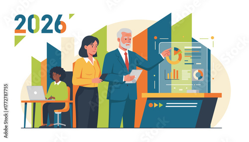 Diverse business team plans 2026 strategy reviewing market data and financial growth charts