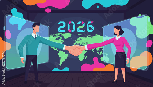 Professionals shaking hands globally for 2026 future collaboration and partnership