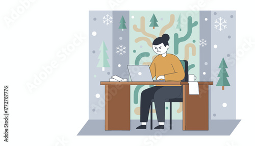 Grumpy worker struggling with tasks on a laptop at a desk during the winter season