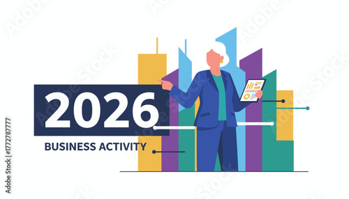 Business activity forecast 2026 Executive with tablet reviews financial data visualization