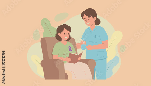 Nurse giving emotional support to patient reading in armchair Recovery care and health concept
