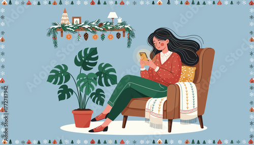 Cozy holiday scene Woman uses phone in armchair next to Christmas decor and plant
