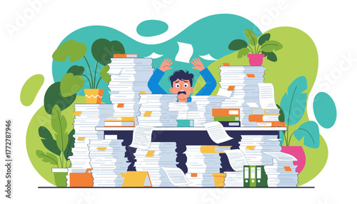 Overwhelmed worker buried in excessive paperwork Stress burnout bureaucracy and workload concept
