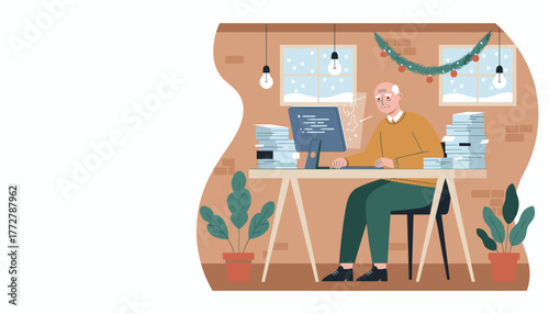 Overworked senior employee sits at a desk piled high with paperwork during the holidays