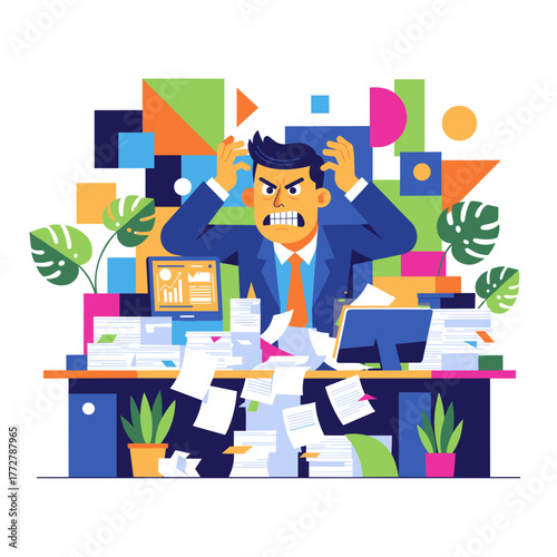 Stressed businessman overwhelmed by paperwork and excessive workload