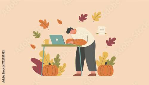 Man working remotely on laptop at an autumn desk with pumpkins representing fall productivity or stress