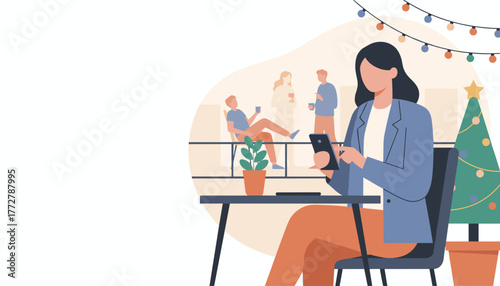 Woman checking phone at a festive office break or Christmas celebration
