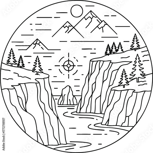 Minimalist line art depicting a rugged coastal landscape with mountains, cliffs, a river, and a sun