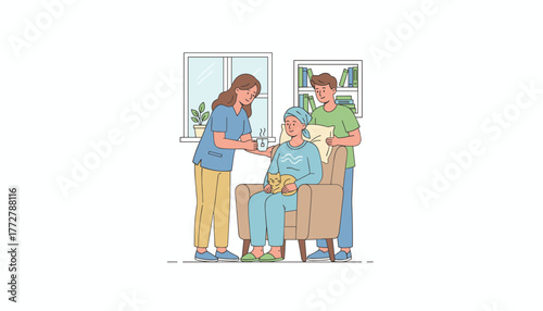 Nurse and man provide kind home care to a patient recovering in a chair with a comforting cat