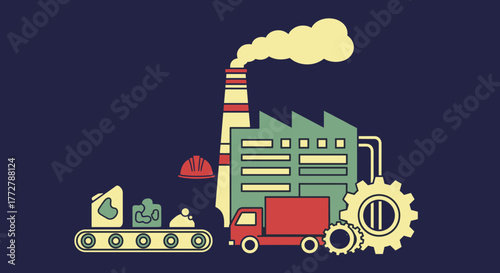 Stylized industrial factory illustration showing production logistics and machinery