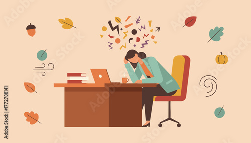 Overwhelmed worker at office desk suffering autumn burnout or seasonal stress and fatigue