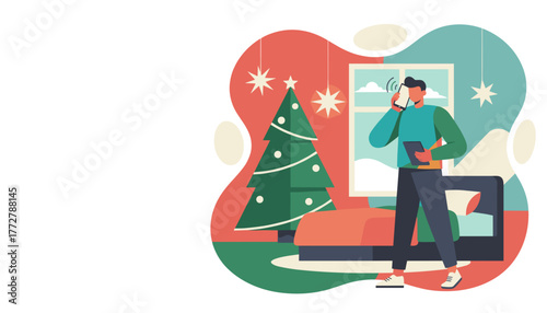 Man talking on phone by Christmas tree managing holiday business or ordering gifts