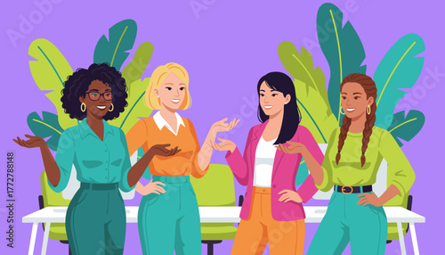 Diverse women professionals collaborating and smiling Empowerment and teamwork concept in a modern office