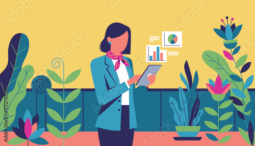 Businesswoman analyzing data in a stylized biophilic office setting using technology