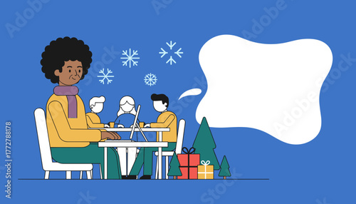 A diverse team works together during the winter holidays with copy space and festive decorations