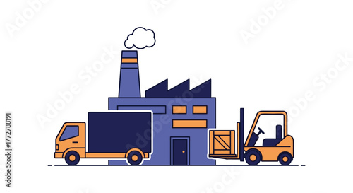 Factory production logistics and delivery operation illustrated with forklift crate and truck