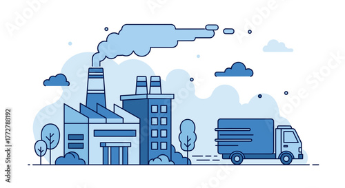 Industrial factory and delivery truck illustration Manufacturing logistics production and commerce concepts