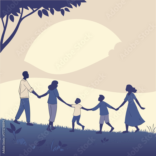 Family holding hands together walking in a peaceful landscape vector illustration