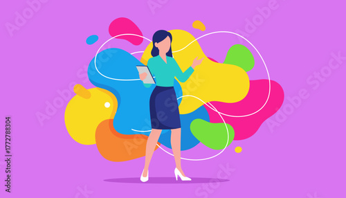 Professional woman presenting information on a tablet against a vibrant abstract background