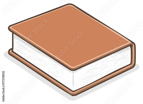 Closed hardcover book with brown cover and white pages shown in isometric view