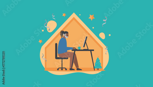 Black man works remotely from his home office during the Christmas and holiday season